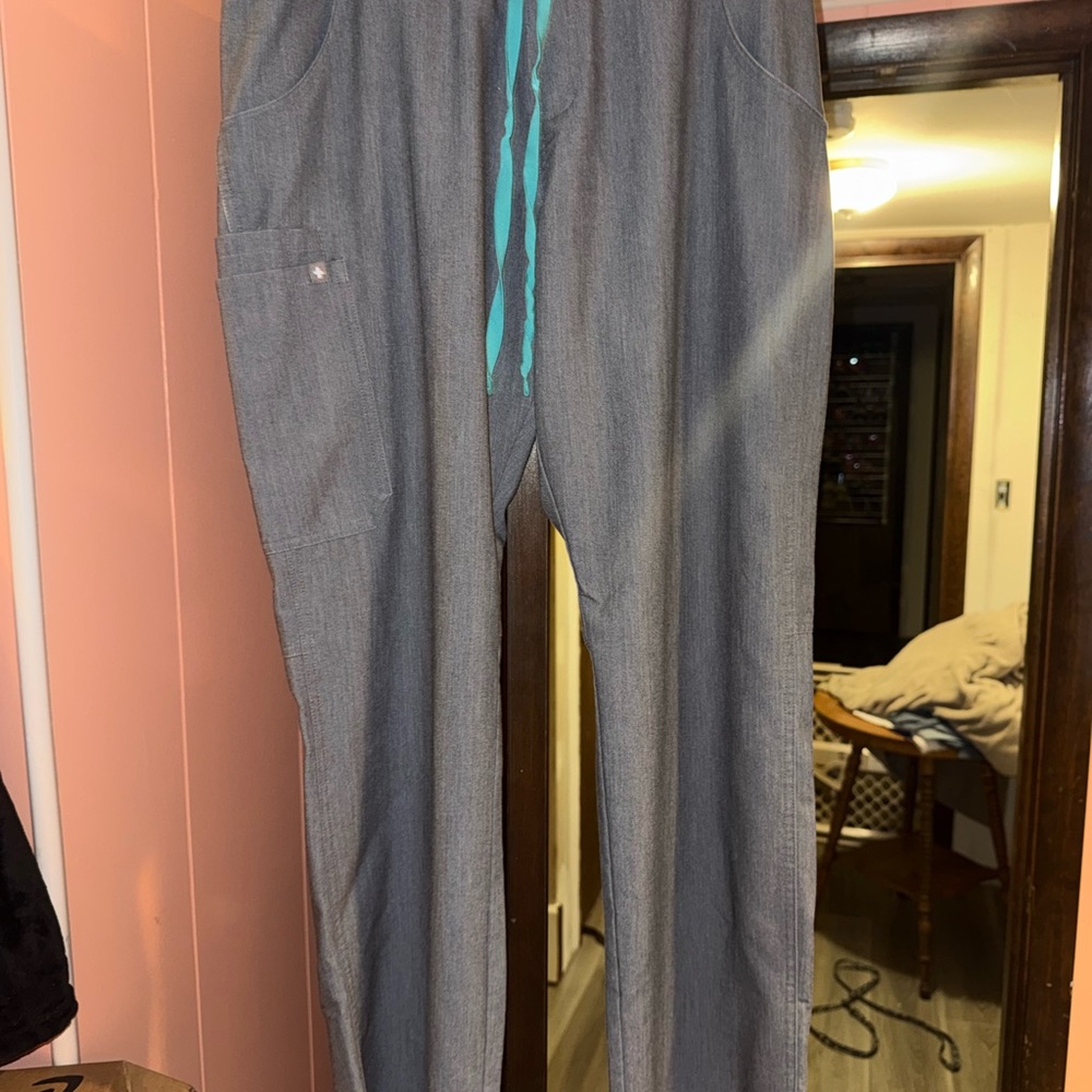 Figs Charcoal Jogger Scrub Pants with Aqua Drawstrings